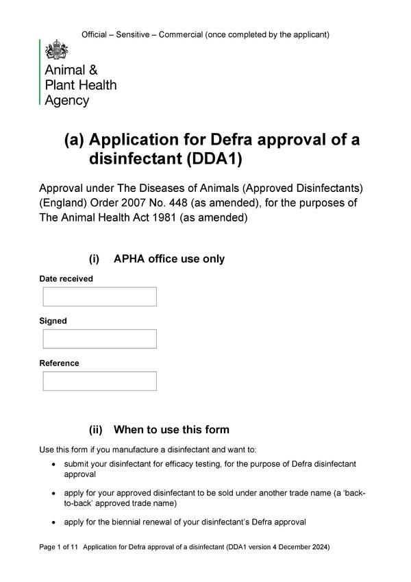 Application for Defra approval of a disinfectant